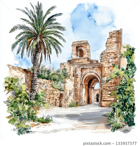 Ancient Carthage. Ancient Carthage hand drawn watercolor illustration on white background Ancient Carthage. Ancient Carthage hand drawn watercolor illustration on white background 133937377
