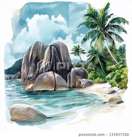 Anse Source dArgent. Anse Source dArgent hand drawn watercolor illustration on white background Anse Source dArgent. Anse Source dArgent hand drawn watercolor illustration on white background 133937380
