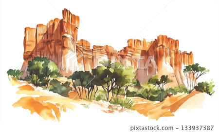 Bandiagara Escarpment. Bandiagara Escarpment hand drawn watercolor illustration on white background 133937387