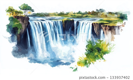 Blue Nile Falls. Blue Nile Falls hand drawn watercolor illustration on white background 133937402