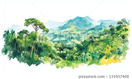 Bwindi Impenetrable Forest. Bwindi Impenetrable Forest hand drawn watercolor illustration on white background Bwindi Impenetrable Forest. Bwindi Impenetrable Forest hand drawn watercolor illustration on white background 133937408