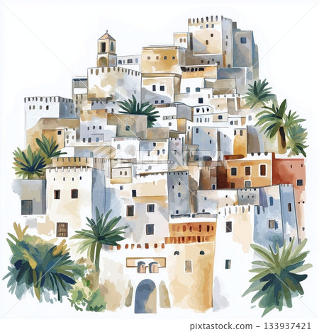 Casbah of Algiers. Casbah of Algiers hand drawn watercolor illustration on white background Casbah of Algiers. Casbah of Algiers hand drawn watercolor illustration on white background 133937421
