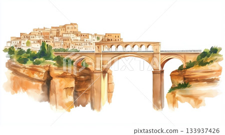 Constantine Bridge City. Constantine Bridge City hand drawn watercolor illustration on white background 133937426