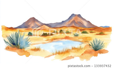 Danakil Depression. Danakil Depression hand drawn watercolor illustration on white background 133937432
