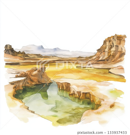 Danakil Depression. Danakil Depression hand drawn watercolor illustration on white background 133937433