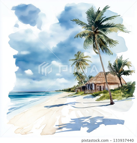 Diani Beach. Diani Beach hand drawn watercolor illustration on white background Diani Beach. Diani Beach hand drawn watercolor illustration on white background 133937440