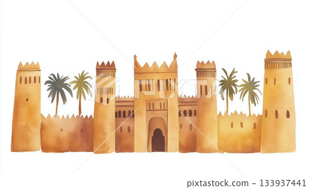 Djenne Mosque. Djenne Mosque hand drawn watercolor illustration on white background 133937441