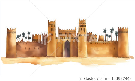 Djenne Mosque. Djenne Mosque hand drawn watercolor illustration on white background 133937442