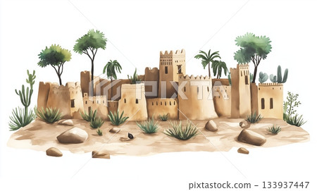 Dogon Country. Dogon Country hand drawn watercolor illustration on white background 133937447