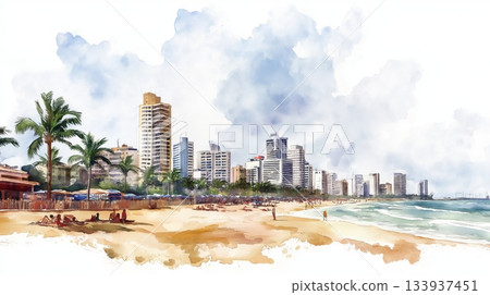 Durban Beaches. Durban Beaches hand drawn watercolor illustration on white background 133937451