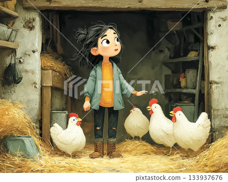 Miyu Series: Miyu working in the chicken coop on the farm 133937676