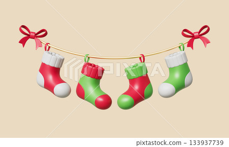 Christmas Socks Garland. 3D Rendering. Christmas Socks Garland. 3D Rendering. 133937739