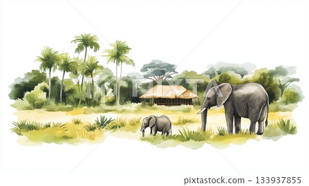 Dzanga-Sangha Reserve. Dzanga-Sangha Reserve hand drawn watercolor illustration on white background 133937855