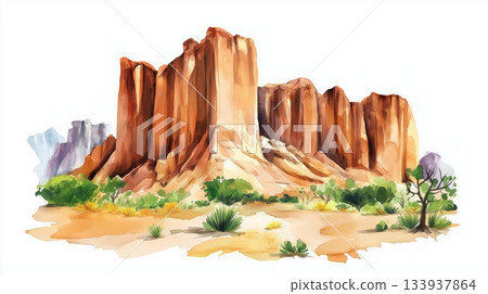 Ennedi Plateau. Ennedi Plateau hand drawn watercolor illustration on white background 133937864