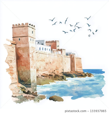 Essaouira. Essaouira hand drawn watercolor illustration on white background 133937865