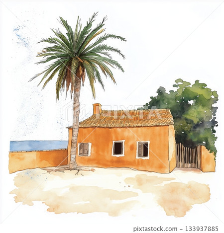 Goree Island. Goree Island hand drawn watercolor illustration on white background 133937885
