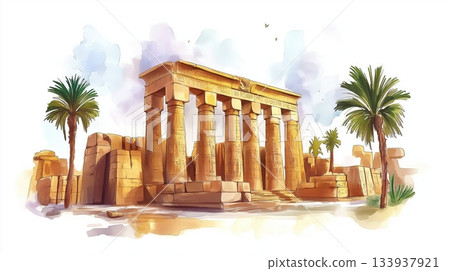 Karnak Temple. Karnak Temple hand drawn watercolor illustration on white background 133937921