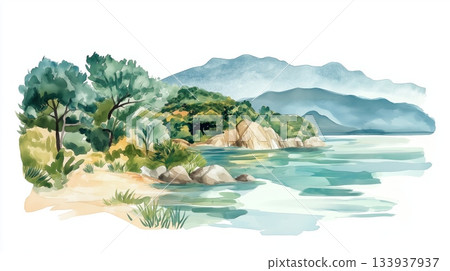 Lake Malawi. Lake Malawi hand drawn watercolor illustration on white background 133937937