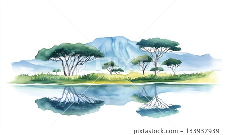 Lake Manyara. Lake Manyara hand drawn watercolor illustration on white background 133937939