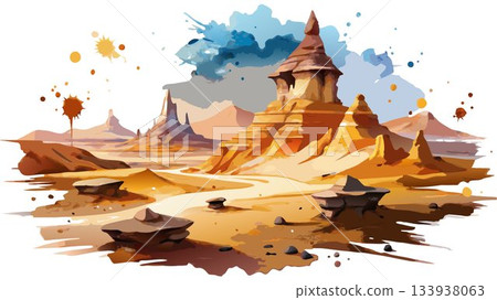 A loose and fluid watercolor painting evokes the arid landscape and otherworldly atmosphere of a random scene within New Mexico's Bisti/De-Na-Zin Wilderness. 133938063