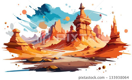 A loose and fluid watercolor painting evokes the arid landscape and playful atmosphere of a random scene within Utah's Goblin Valley State Park. 133938064