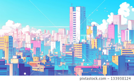 城市鳥瞰圖。城市建築、商業區、辦公區、藍天、以鳥瞰視角繪製的城市規劃。 133938124