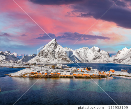 Amazing view of Sakrisoy village and snowy mountaines on background Amazing view of Sakrisoy village and snowy mountaines on background 133938199