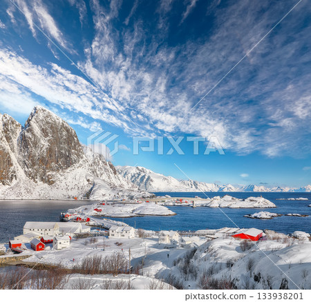 Amazing view of Hamnoy village and bridge seen from Olenilsoya island. Amazing view of Hamnoy village and bridge seen from Olenilsoya island. 133938201