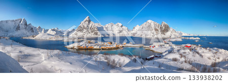 Amazing panoramic view of Hamnoy and Sakrisoy villages and bridges seen from Olenilsoya island Amazing panoramic view of Hamnoy and Sakrisoy villages and bridges seen from Olenilsoya island 133938202