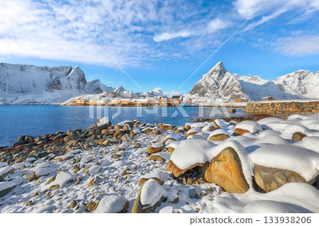 Remarkable view of Sakrisoy village and snowy mountaines on background 133938206