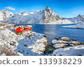 Winter view on Hamnoy village . 133938229