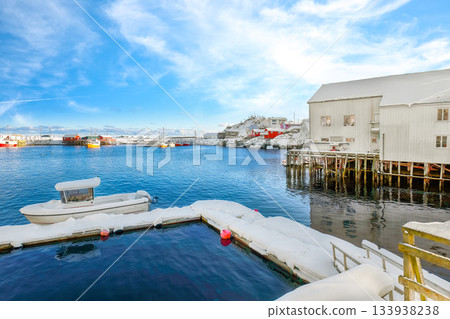 Amazing winter view on Hamnoy village with port . Amazing winter view on Hamnoy village with port . 133938238