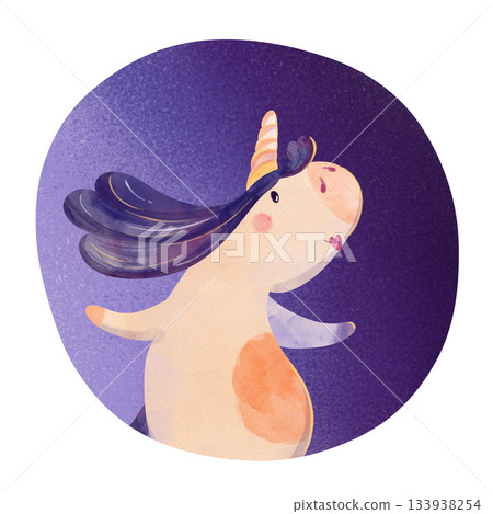 Cute whimsical unicorns floating on dark purple watercolor splash. Magical children's illustration for nursery decor, kids' cards, stickers, baby shower, fairy tale designs, wallpaper, nursery decor Cute whimsical unicorns floating on dark purple watercolor splash. Magical children's illustration for nursery decor, kids' cards, stickers, baby shower, fairy tale designs, wallpaper, nursery decor 133938254