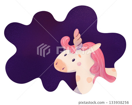 Cute whimsical unicorn floating on dark purple watercolor splash. Magical children's illustration for nursery decor, kids' cards, stickers, baby shower, fairy tale designs, wallpaper, nursery decor 133938256