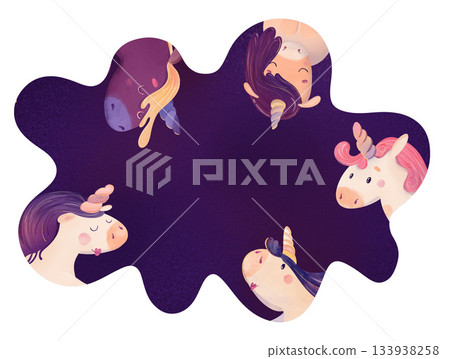 Cute whimsical unicorns floating on dark purple watercolor splash. Magical children's illustration for nursery decor, kids' cards, stickers, baby shower, fairy tale designs, wallpaper, nursery decor 133938258