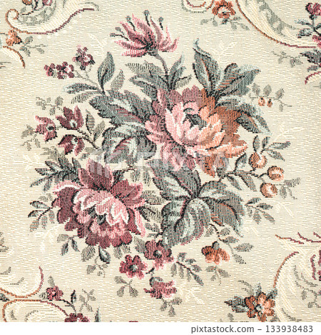 Seamless old-fashioned floral pattern on a tapestry fabric texture biege background old retro fashion closeup 133938483