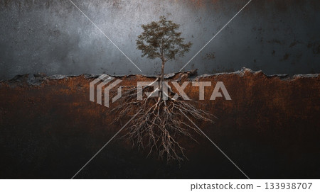 Solitary Tree With Exposed Roots Emerging From Cracked Ground Under Dark Sky 133938707