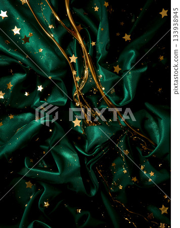 Luxurious Dark Emerald Green Satin Fabric Background with Liquid Gold Ribbons and Sparkling Stars, Elegant Silk Texture for Christmas or New Year Celebration Concept. 133938945
