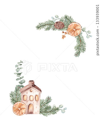 Christmas Advent square vertical Frame, Border. Corner Compositions with ceramic house, lantern and winter plants. Hand drawn Botanical Illustration of Fir Branches, Eucalyptus, Pine Cone and dry 133939001