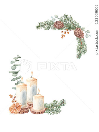 Christmas Advent square vertical Frame, Border. Corner Compositions with Winter plants, Candle and handmade Wicker star Toy. Hand drawn Botanical Illustration of Fir Branches, Eucalyptus, Pine Cone 133939002