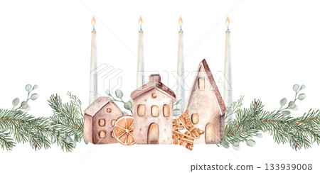 Cozy winter seamless border, pattern with fir branches, ceramic houses, lanterns and candles. Eucalyptus and dry orange slices. Fourth Advent, Christmas. Hand drawn Watercolor botanical illustration 133939008