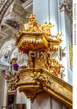 Passau, Germany - Apr 16, 2025: Interior of St. Stephans cathedral in Passau, Germany with famous organ pipes 133939138