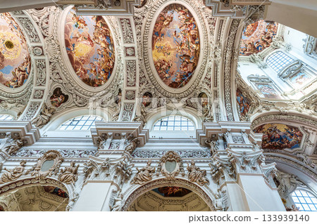 Passau, Germany - Apr 16, 2025: Interior of St. Stephans cathedral in Passau, Germany with famous organ pipes 133939140