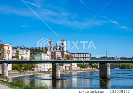 Passau, Germany - Apr 16, 2025: Church of the Holy Cross in Passau, Germany. Monastery Niedernburg Passau 133939152