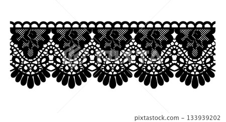 Openwork vector lace seamless pattern in Spanish style in black and white graphics,adorned with stylized roses,pendant.Hand drawn clip art for textile printing,cultural branding,tradicional festivals 133939202