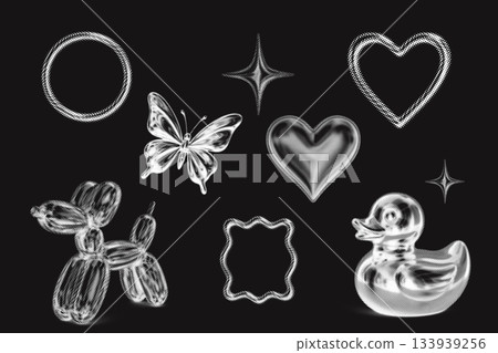 White chrome halftone sticker pack in Y2K collage style 133939256