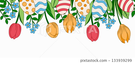 Easter frame. Seamless vector frame with Easter eggs and flowers. Easter frame. Seamless vector frame with Easter eggs and flowers. 133939299