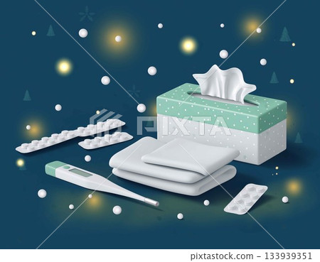 冬季感冒預防插圖 | 乾淨的醫療背景,包含紙巾、藥品和體溫計 冬季感冒預防插圖 | 乾淨的醫療背景,包含紙巾、藥品和體溫計 133939351