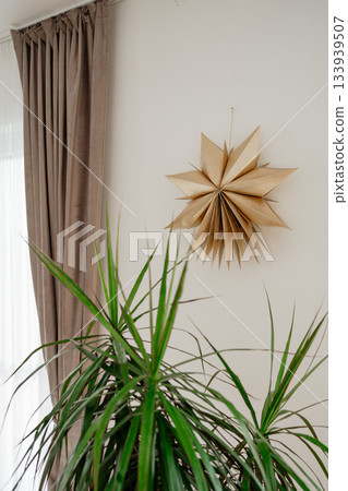 Golden paper star decor hanging on a bright interior wall near green indoor plants. Soft natural light creates a cozy, festive and minimalist atmosphere suitable for Christmas or modern home styling Golden paper star decor hanging on a bright interior wall near green indoor plants. Soft natural light creates a cozy, festive and minimalist atmosphere suitable for Christmas or modern home styling 133939507