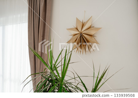 Golden paper star decor hanging on a bright interior wall near green indoor plants. Soft natural light creates a cozy, festive and minimalist atmosphere suitable for Christmas or modern home styling Golden paper star decor hanging on a bright interior wall near green indoor plants. Soft natural light creates a cozy, festive and minimalist atmosphere suitable for Christmas or modern home styling 133939508